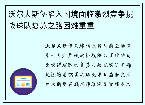 沃尔夫斯堡陷入困境面临激烈竞争挑战球队复苏之路困难重重 沃尔夫斯堡陷入困境面临激烈竞争挑战球队复苏之路困难重重