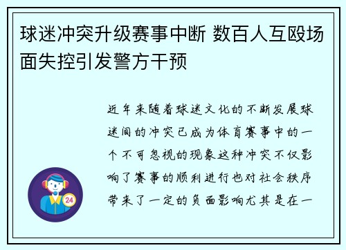 球迷冲突升级赛事中断 数百人互殴场面失控引发警方干预