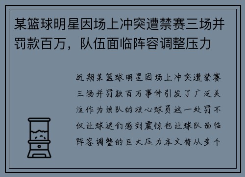 某篮球明星因场上冲突遭禁赛三场并罚款百万，队伍面临阵容调整压力