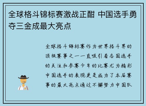全球格斗锦标赛激战正酣 中国选手勇夺三金成最大亮点